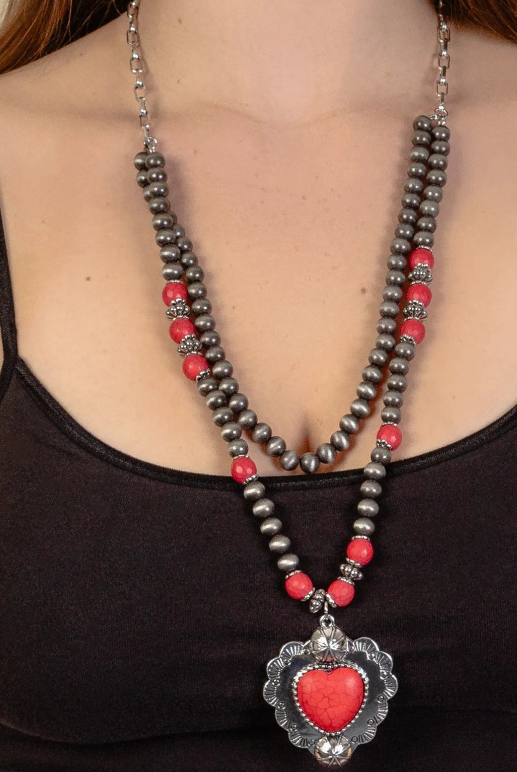 Squash Blossom Red and Silver Heart Layered Necklace-Necklaces-Deja Nu Tx-Deja Nu Boutique, Women's Fashion Boutique in Lampasas, Texas