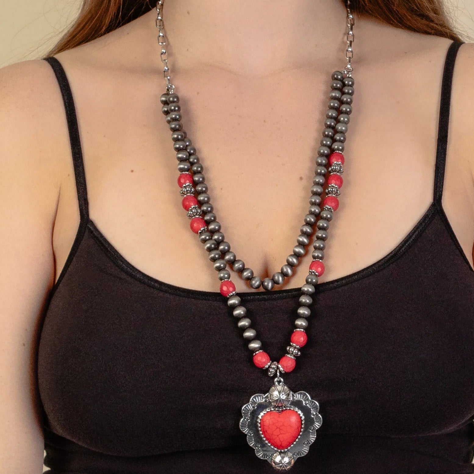 Squash Blossom Red and Silver Heart Layered Necklace-Necklaces-Deja Nu Tx-Deja Nu Boutique, Women's Fashion Boutique in Lampasas, Texas
