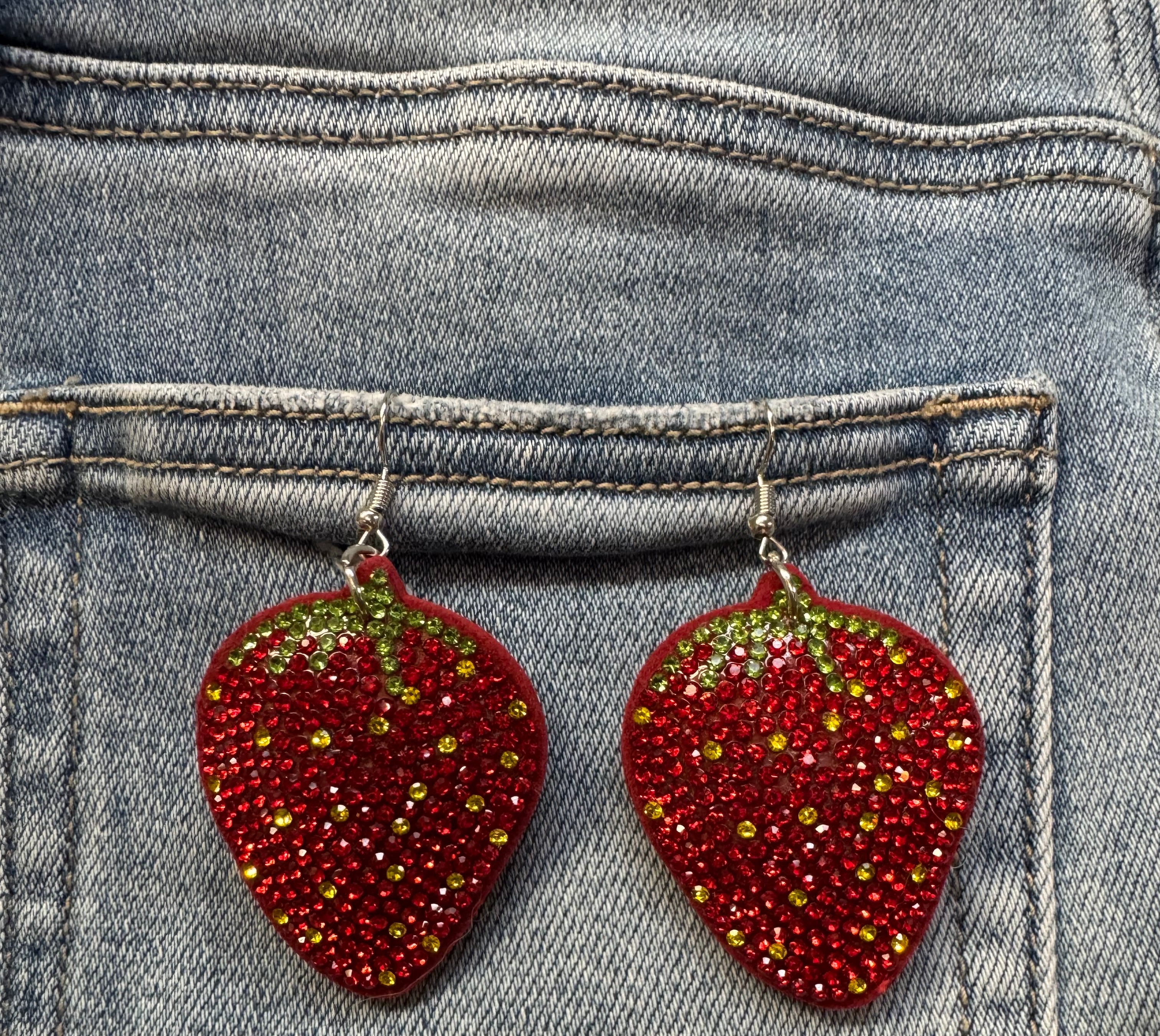 Strawberry Rhinestone Statement Earrings In Red & Green Crystal Detail-Earrings-Deja Nu Tx-Deja Nu Boutique, Women's Fashion Boutique in Lampasas, Texas