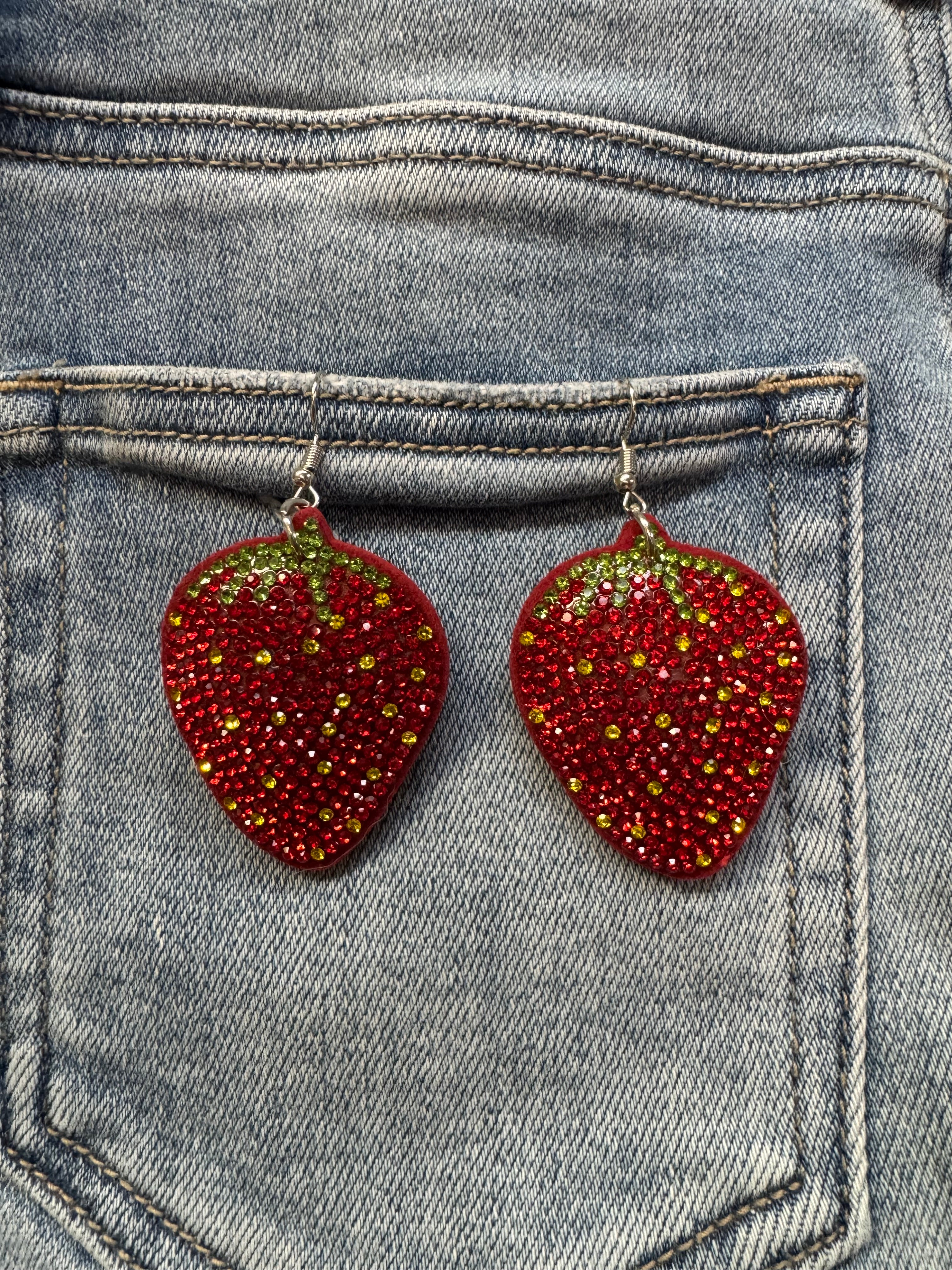 Strawberry Rhinestone Statement Earrings In Red & Green Crystal Detail-Earrings-Deja Nu Tx-Deja Nu Boutique, Women's Fashion Boutique in Lampasas, Texas