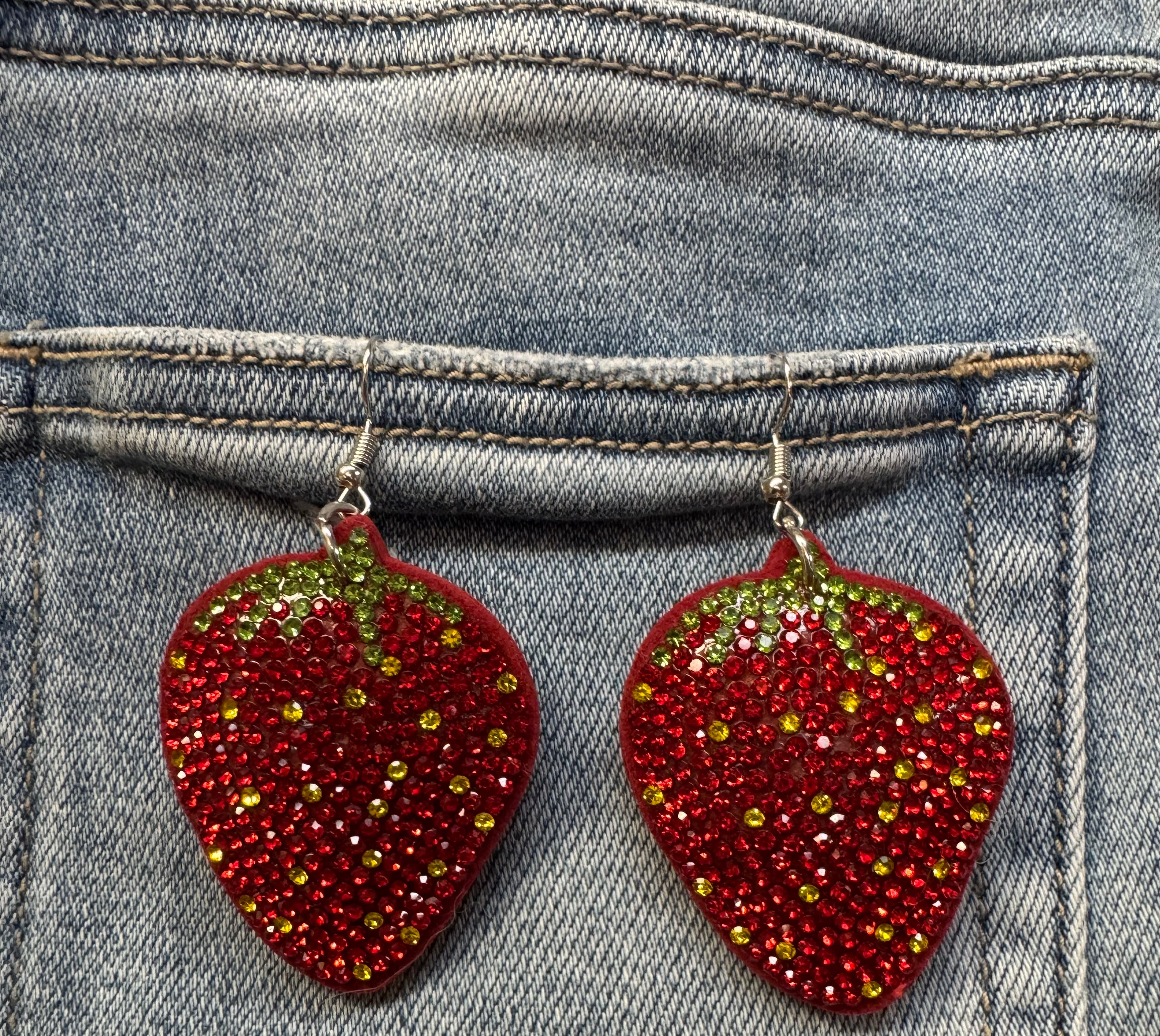 Strawberry Rhinestone Statement Earrings In Red & Green Crystal Detail-Earrings-Deja Nu Tx-Deja Nu Boutique, Women's Fashion Boutique in Lampasas, Texas