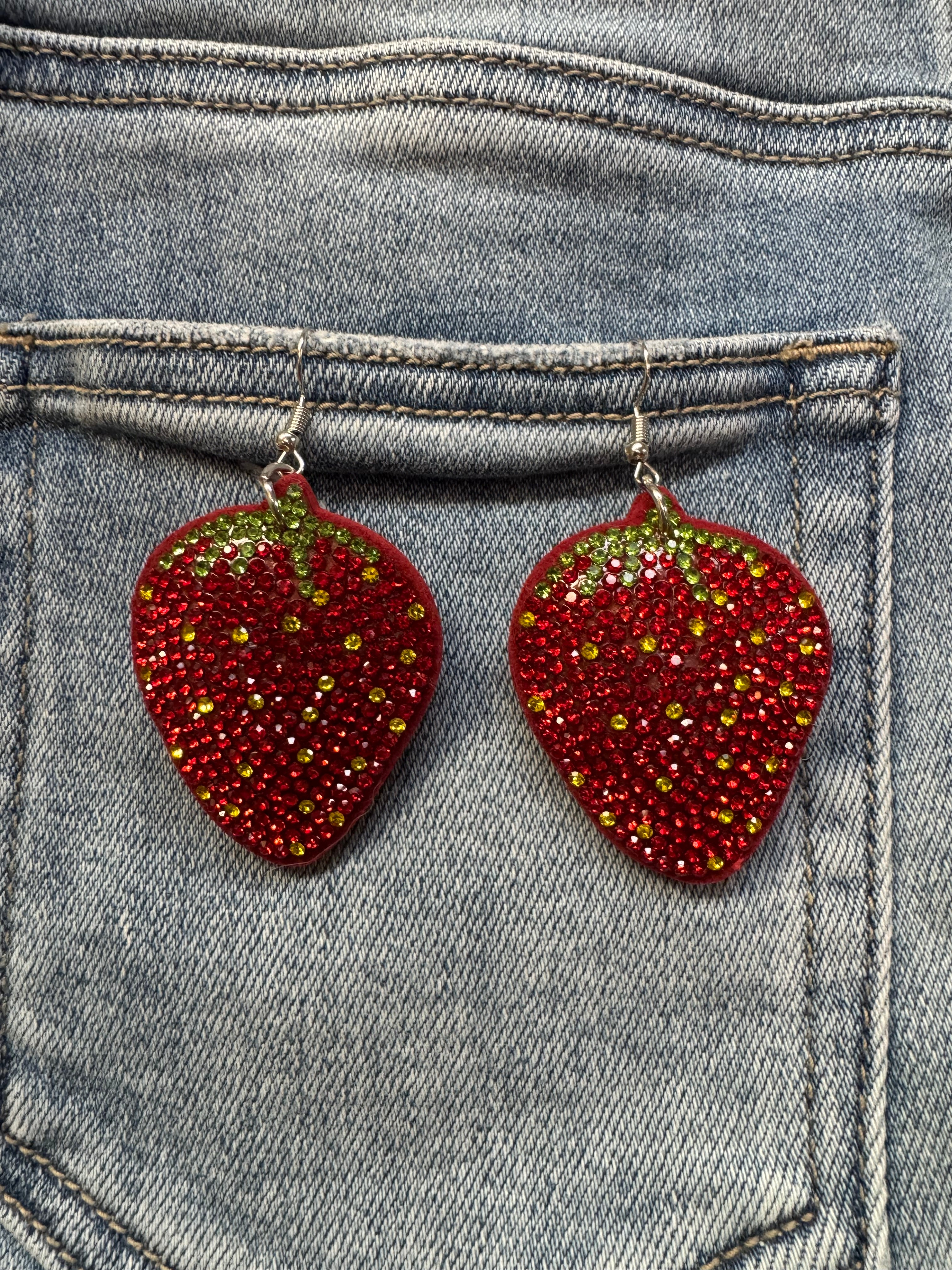 Strawberry Rhinestone Statement Earrings In Red & Green Crystal Detail-Earrings-Deja Nu Tx-Deja Nu Boutique, Women's Fashion Boutique in Lampasas, Texas