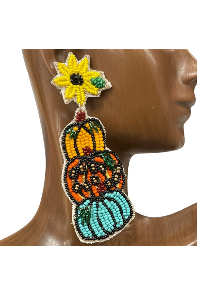 Sunflower Post With Multi Pumpkin Dangle Seed Bead Earrings-Earrings-Deja Nu-Deja Nu Boutique, Women's Fashion Boutique in Lampasas, Texas