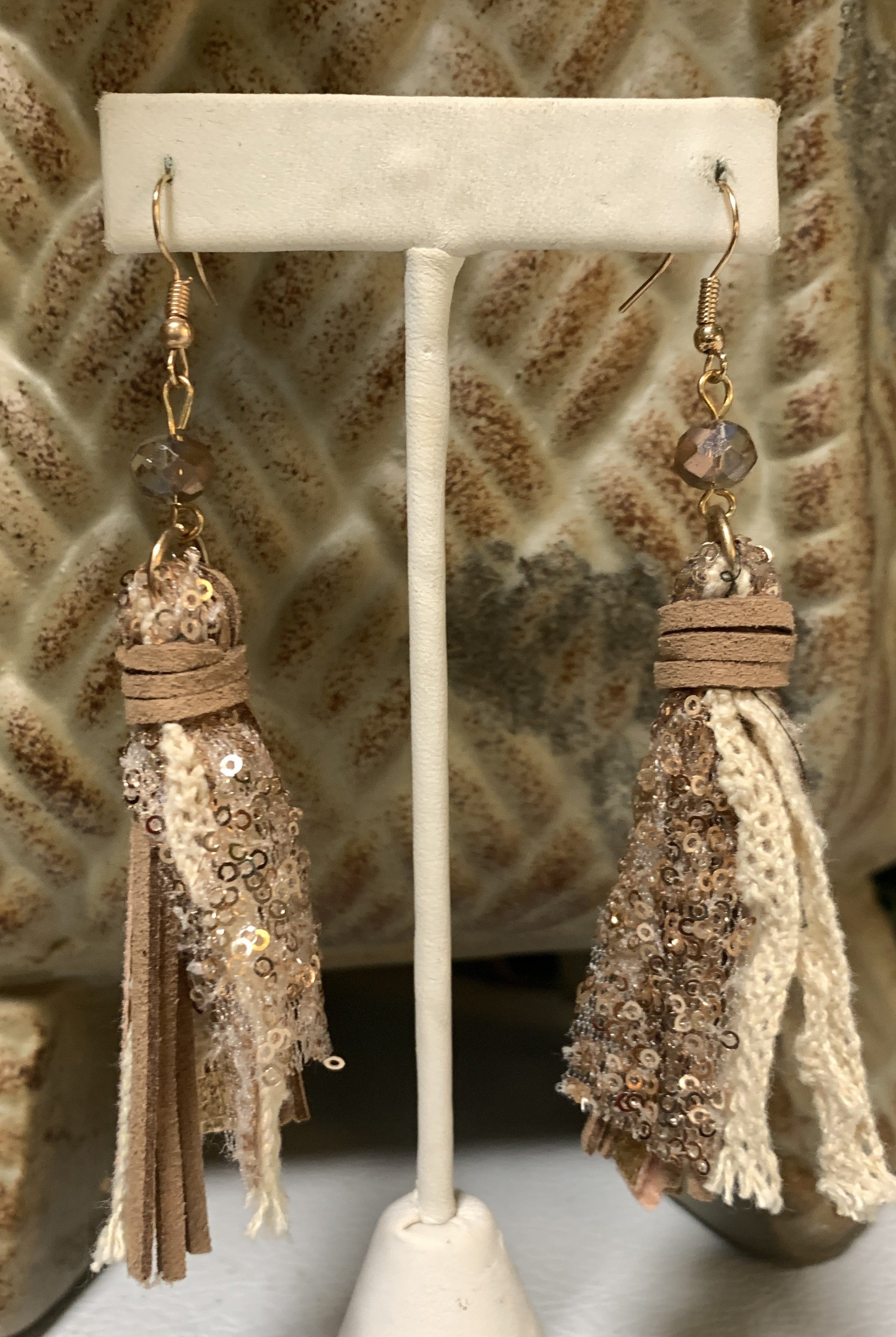 Sunshine And Rodeos Rose Gold Leather Lace And Sequin Earrings-Earrings-Sunshine And Rodeo-Deja Nu Boutique, Women's Fashion Boutique in Lampasas, Texas