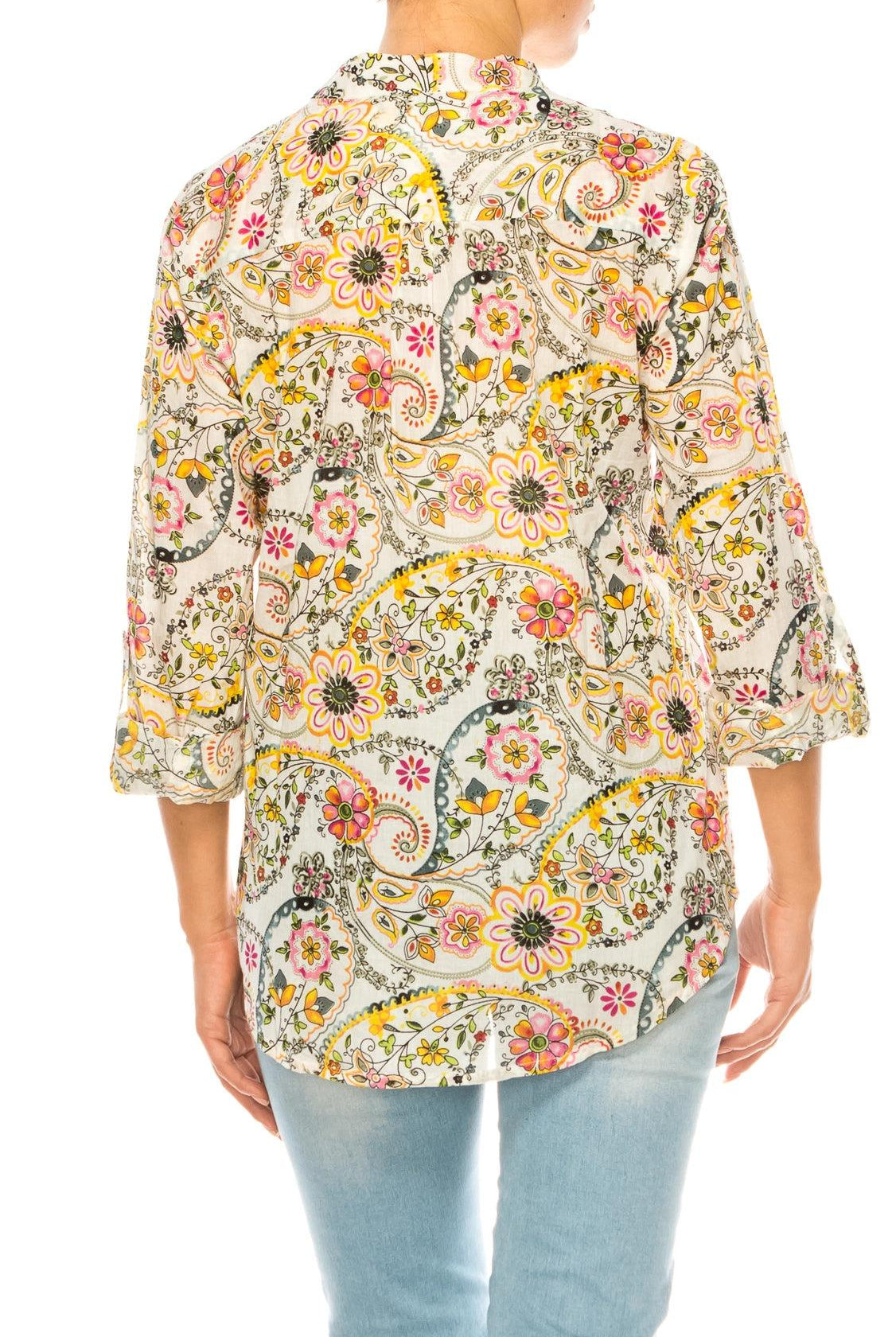 Sunshine Blooms: Magazine Bright Yellow & Ivory Floral Paisley Tunic-Tops-Magazine Clothing-Deja Nu Boutique, Women's Fashion Boutique in Lampasas, Texas