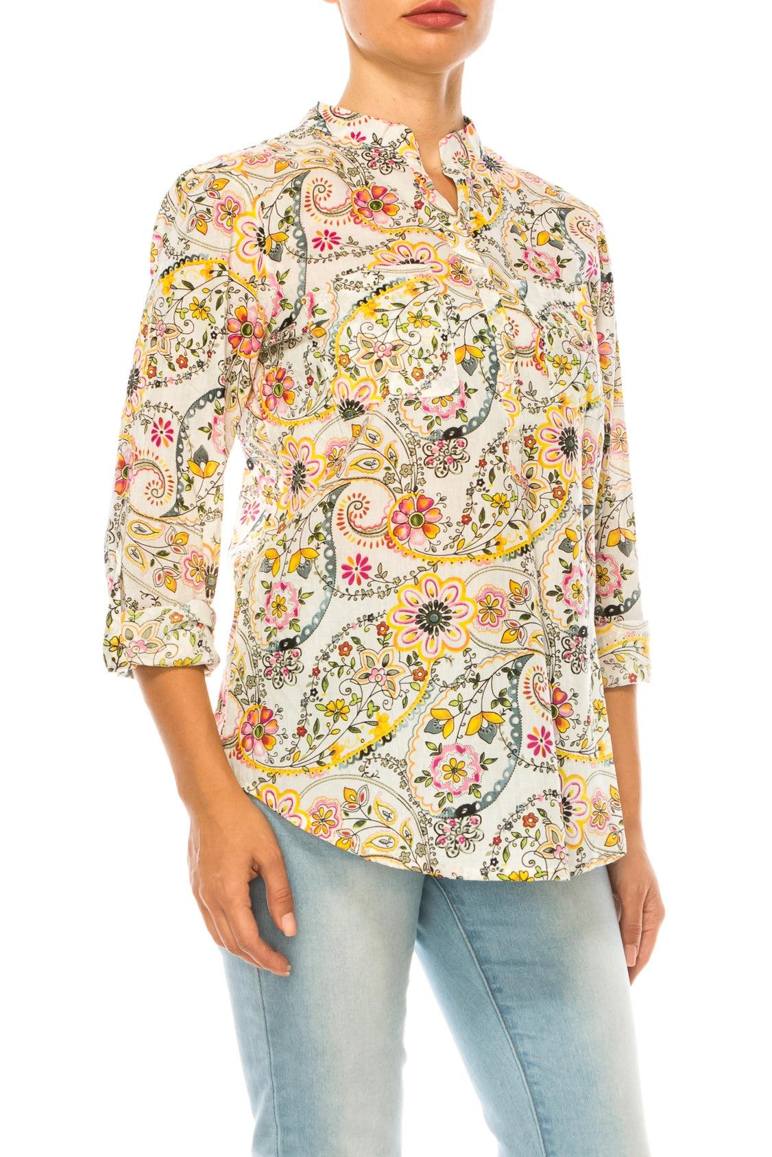 Sunshine Blooms: Magazine Bright Yellow & Ivory Floral Paisley Tunic-Tops-Magazine Clothing-Deja Nu Boutique, Women's Fashion Boutique in Lampasas, Texas