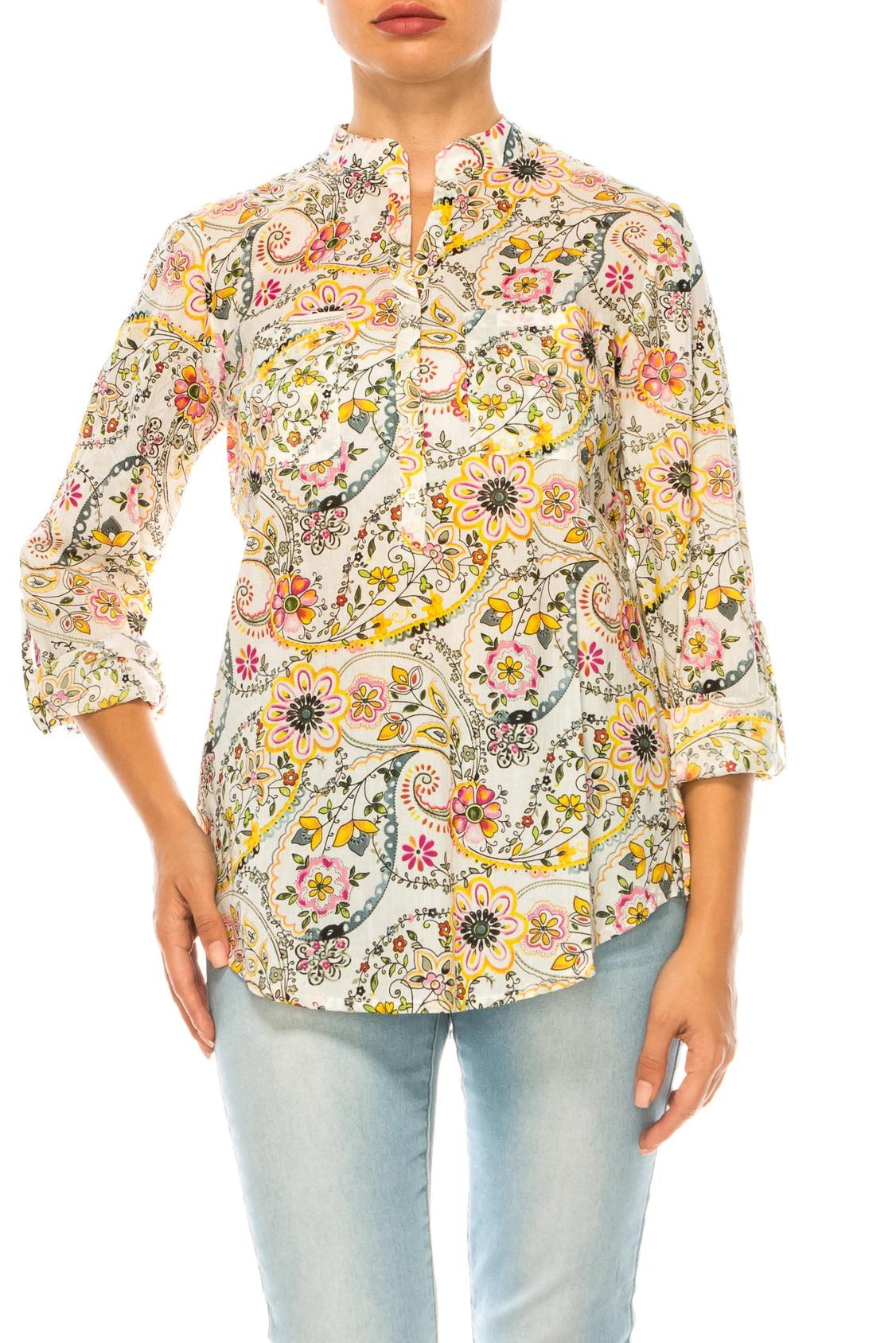 Sunshine Blooms: Magazine Bright Yellow & Ivory Floral Paisley Tunic-Tops-Magazine Clothing-Deja Nu Boutique, Women's Fashion Boutique in Lampasas, Texas