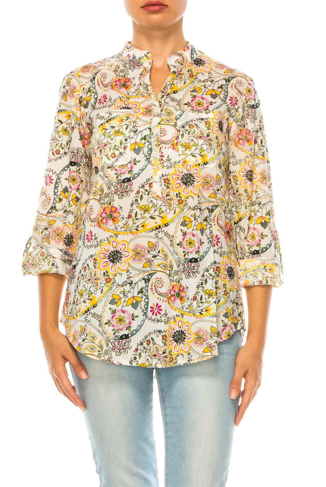 Sunshine Blooms: Magazine Bright Yellow & Ivory Floral Paisley Tunic-Tops-Magazine Clothing-Deja Nu Boutique, Women's Fashion Boutique in Lampasas, Texas