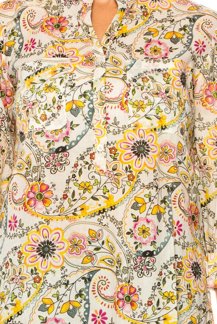 Sunshine Blooms: Magazine Bright Yellow & Ivory Floral Paisley Tunic-Tops-Magazine Clothing-Deja Nu Boutique, Women's Fashion Boutique in Lampasas, Texas