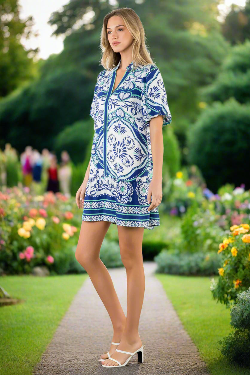 THML Blue Tile Print Puff Sleeve Dress-Dresses-THML-Deja Nu Boutique, Women's Fashion Boutique in Lampasas, Texas