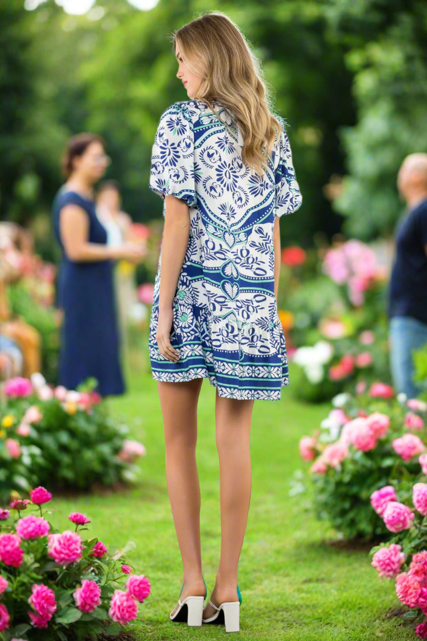 THML Blue Tile Print Puff Sleeve Dress-Dresses-THML-Deja Nu Boutique, Women's Fashion Boutique in Lampasas, Texas