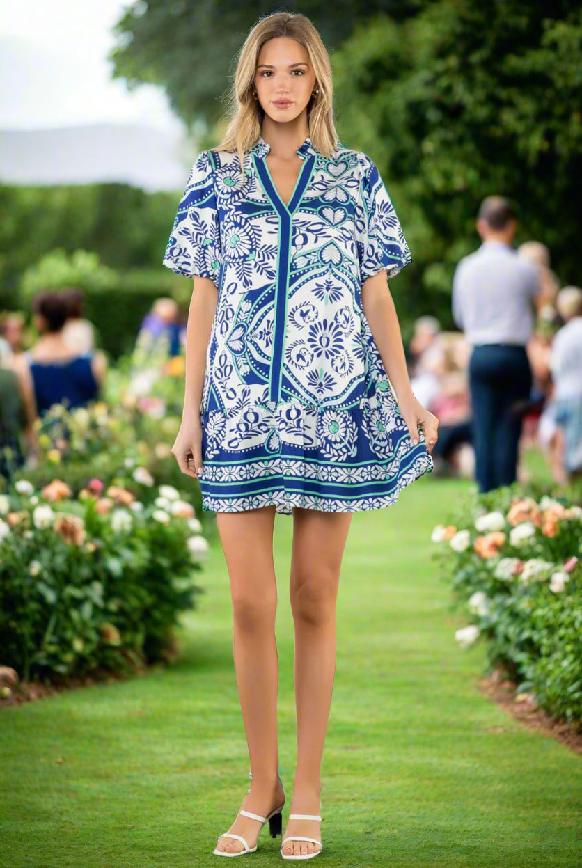 THML Blue Tile Print Puff Sleeve Dress-Dresses-THML-Deja Nu Boutique, Women's Fashion Boutique in Lampasas, Texas