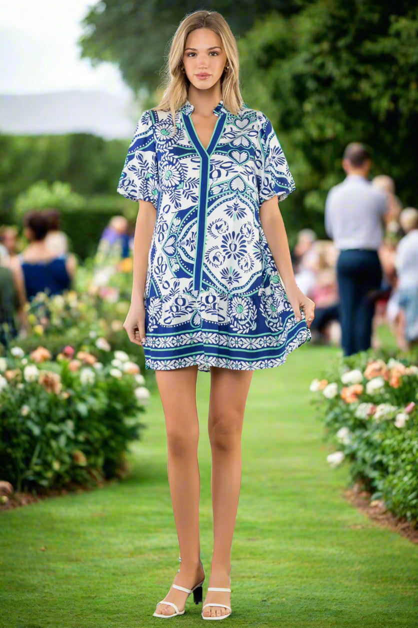 THML Blue Tile Print Puff Sleeve Dress-Dresses-THML-Deja Nu Boutique, Women's Fashion Boutique in Lampasas, Texas