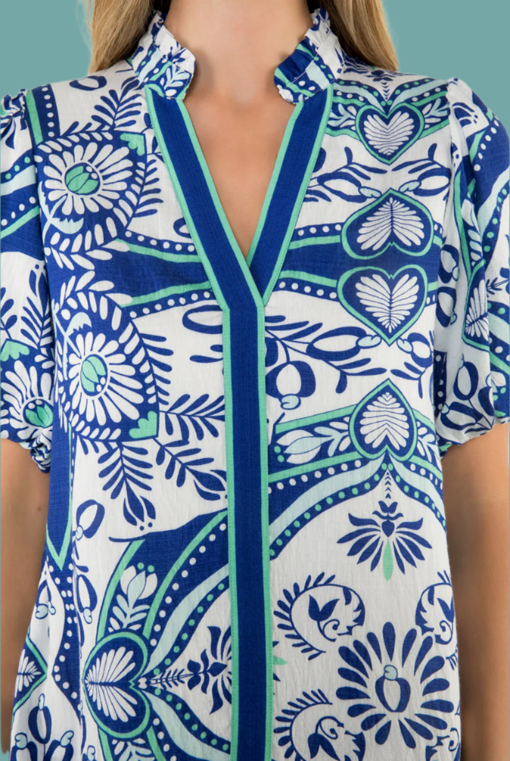 THML Blue Tile Print Puff Sleeve Dress-Dresses-THML-Deja Nu Boutique, Women's Fashion Boutique in Lampasas, Texas