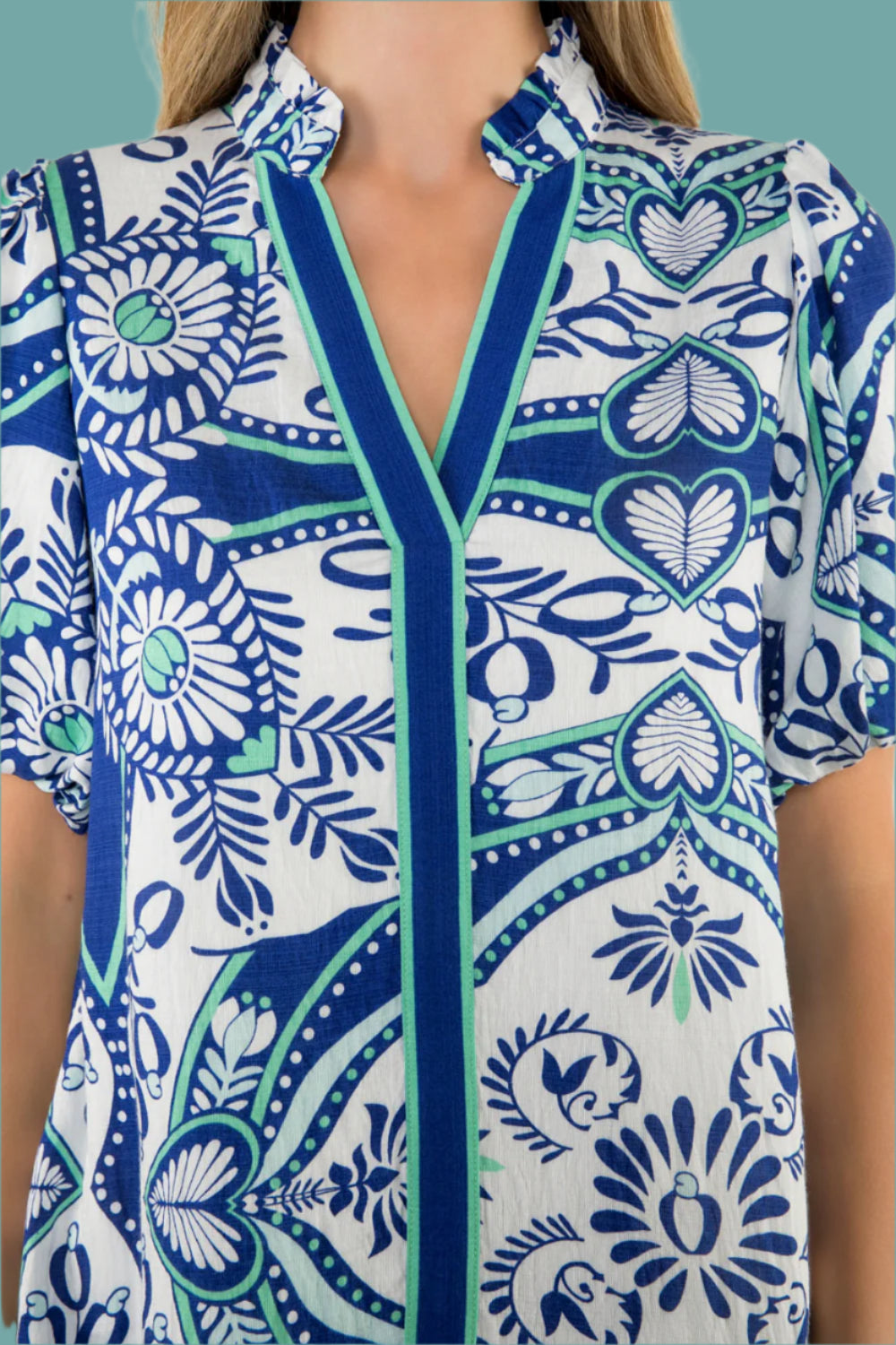 THML Blue Tile Print Puff Sleeve Dress-Dresses-THML-Deja Nu Boutique, Women's Fashion Boutique in Lampasas, Texas