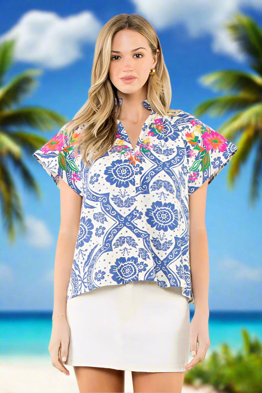 THML Blue & White Embroidered Floral Tile Short Sleeve Top-Tops-THML-Deja Nu Boutique, Women's Fashion Boutique in Lampasas, Texas