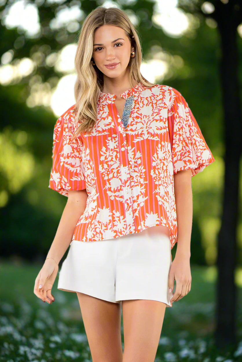 THML Coral Botanical Stripe Puff Sleeve Blouse-Tops-THML-Deja Nu Boutique, Women's Fashion Boutique in Lampasas, Texas