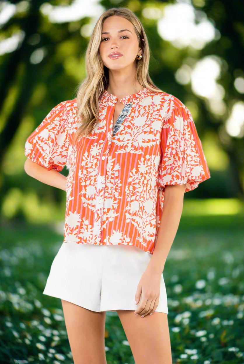THML Coral Botanical Stripe Puff Sleeve Blouse-Tops-THML-Deja Nu Boutique, Women's Fashion Boutique in Lampasas, Texas