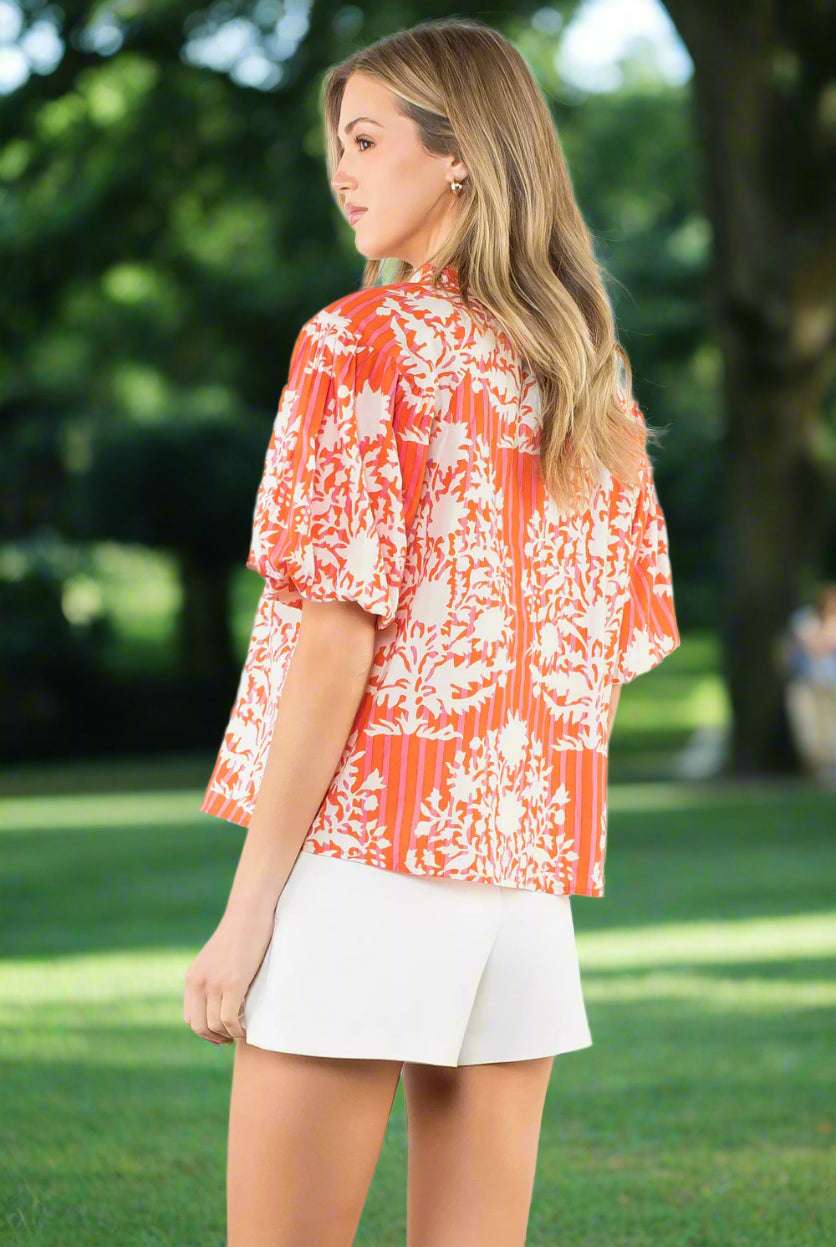 THML Coral Botanical Stripe Puff Sleeve Blouse-Tops-THML-Deja Nu Boutique, Women's Fashion Boutique in Lampasas, Texas