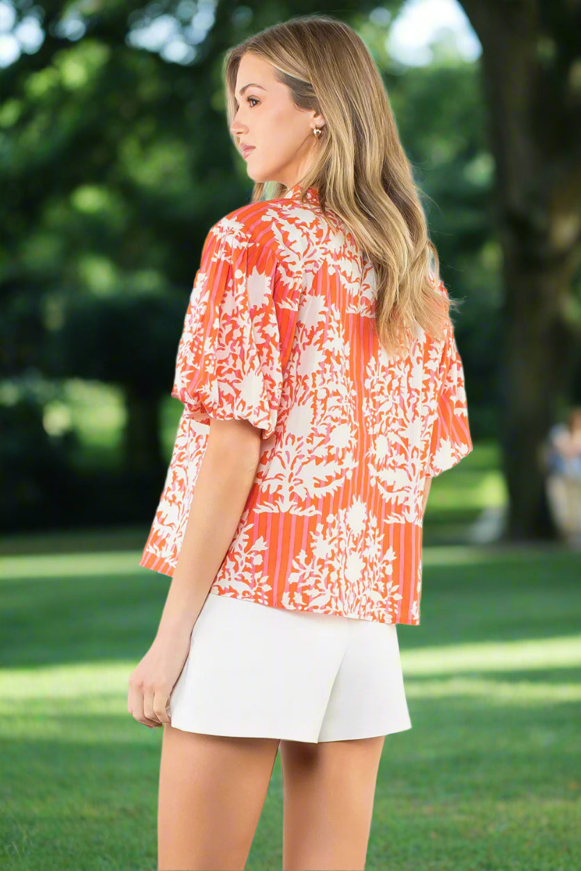 THML Coral Botanical Stripe Puff Sleeve Blouse-Tops-THML-Deja Nu Boutique, Women's Fashion Boutique in Lampasas, Texas