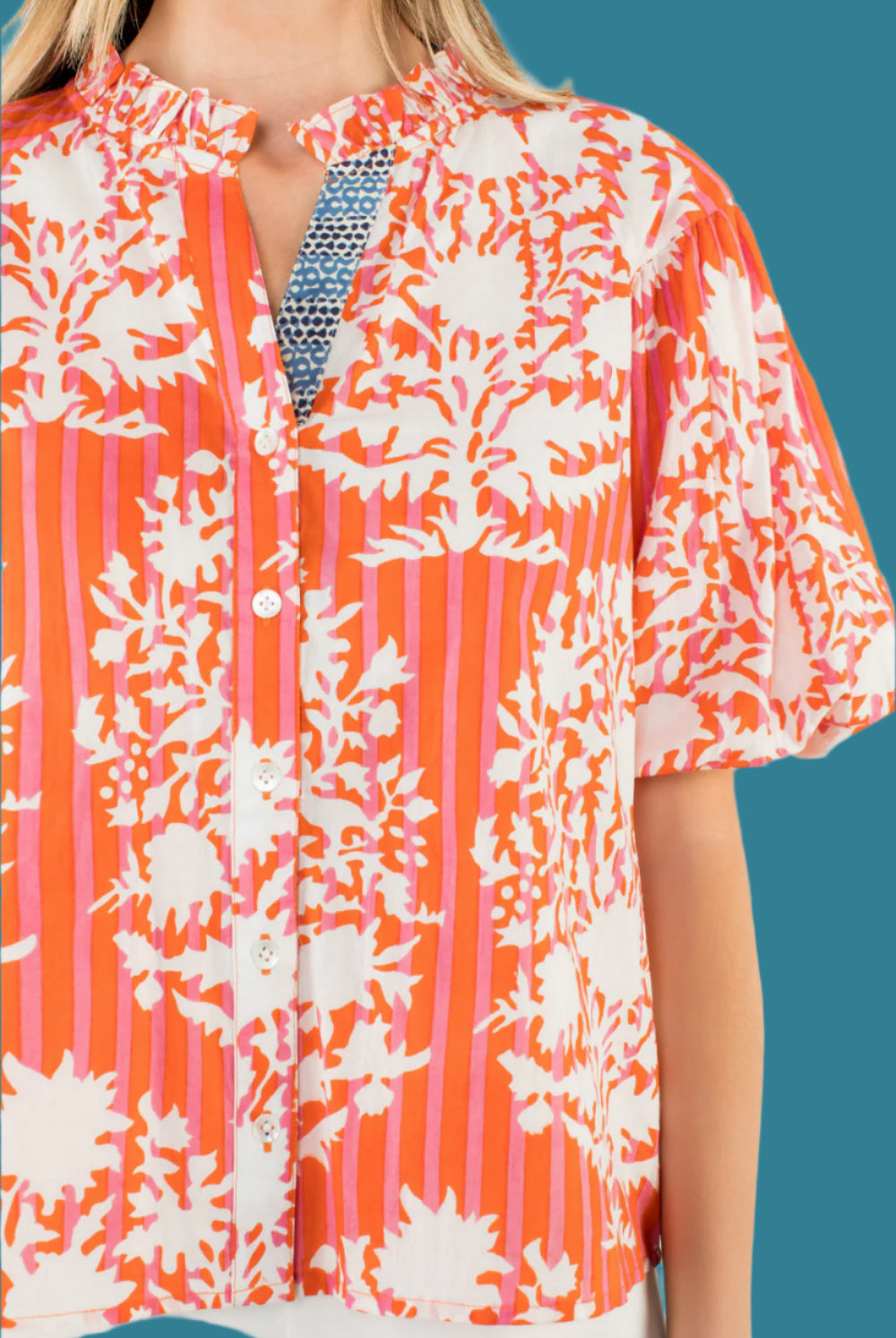 THML Coral Botanical Stripe Puff Sleeve Blouse-Tops-THML-Deja Nu Boutique, Women's Fashion Boutique in Lampasas, Texas
