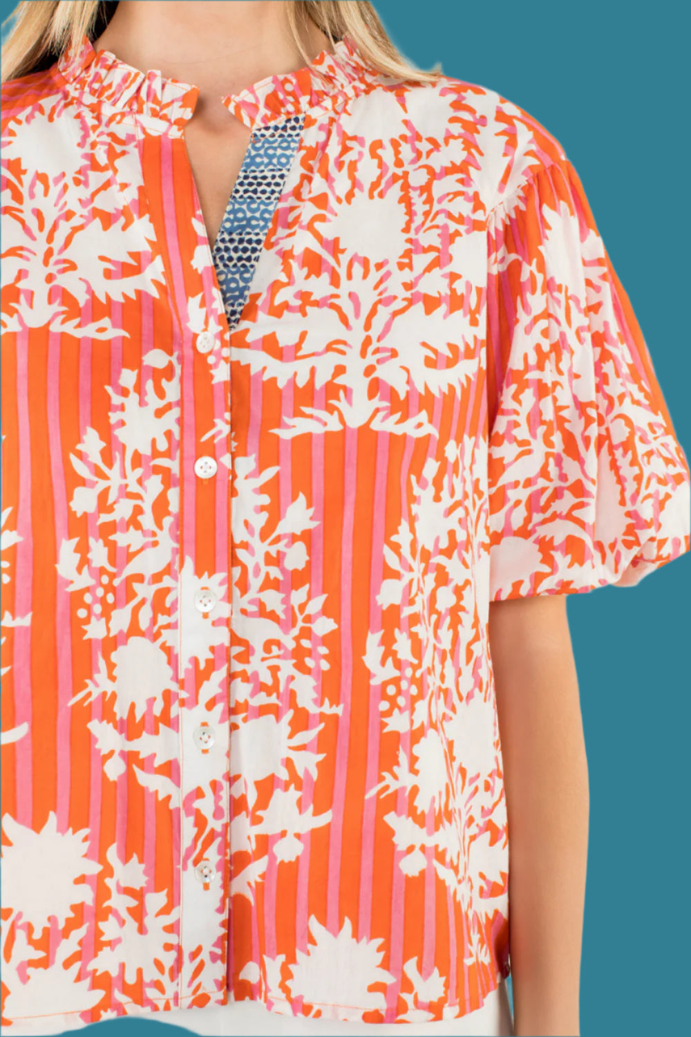 THML Coral Botanical Stripe Puff Sleeve Blouse-Tops-THML-Deja Nu Boutique, Women's Fashion Boutique in Lampasas, Texas