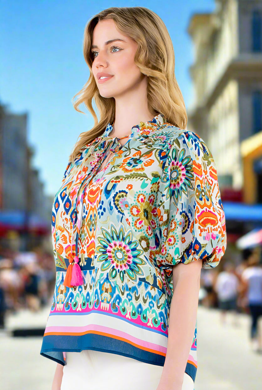 THML Ginny Puff Sleeve Floral Top - Vibrant Boho Blouse-Tops-THML-Deja Nu Boutique, Women's Fashion Boutique in Lampasas, Texas