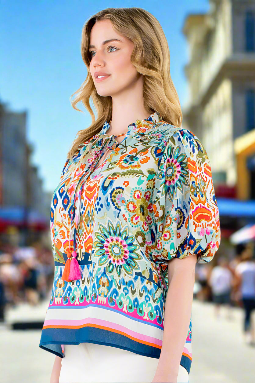 THML Ginny Puff Sleeve Floral Top - Vibrant Boho Blouse-Tops-THML-Deja Nu Boutique, Women's Fashion Boutique in Lampasas, Texas