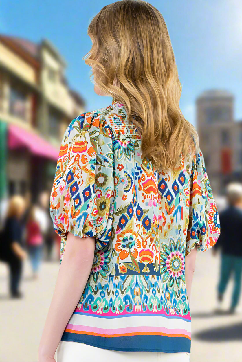 THML Ginny Puff Sleeve Floral Top - Vibrant Boho Blouse-Tops-THML-Deja Nu Boutique, Women's Fashion Boutique in Lampasas, Texas
