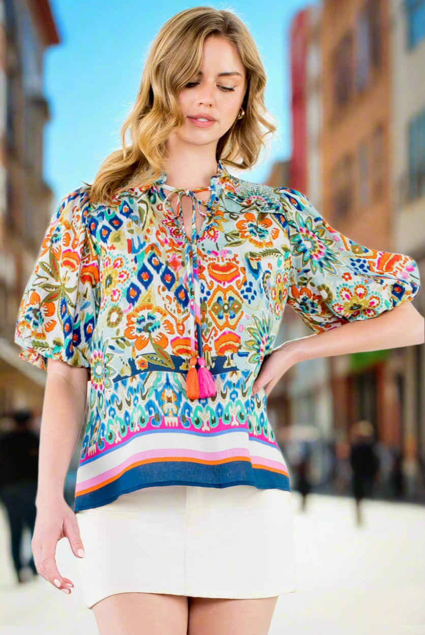 THML Ginny Puff Sleeve Floral Top - Vibrant Boho Blouse-Tops-THML-Deja Nu Boutique, Women's Fashion Boutique in Lampasas, Texas