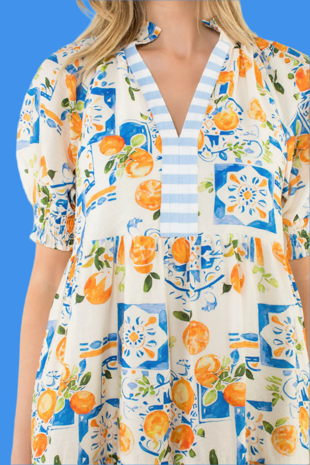 THML Orange Citrus & Tile Print Puff Sleeve Dress-Dresses-THML-Deja Nu Boutique, Women's Fashion Boutique in Lampasas, Texas