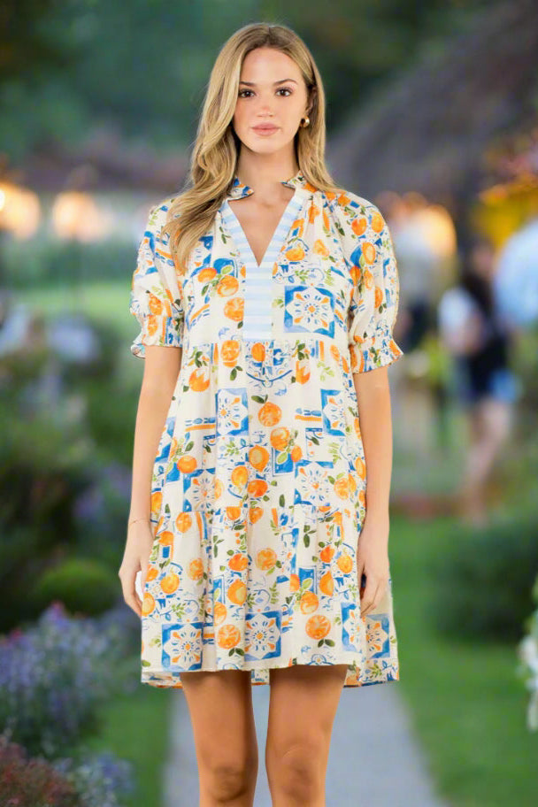 THML Orange Citrus & Tile Print Puff Sleeve Dress-Dresses-THML-Deja Nu Boutique, Women's Fashion Boutique in Lampasas, Texas