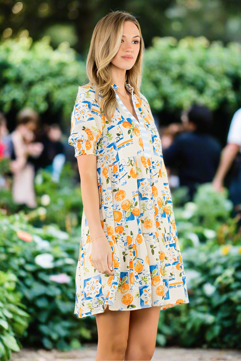 THML Orange Citrus & Tile Print Puff Sleeve Dress-Dresses-THML-Deja Nu Boutique, Women's Fashion Boutique in Lampasas, Texas