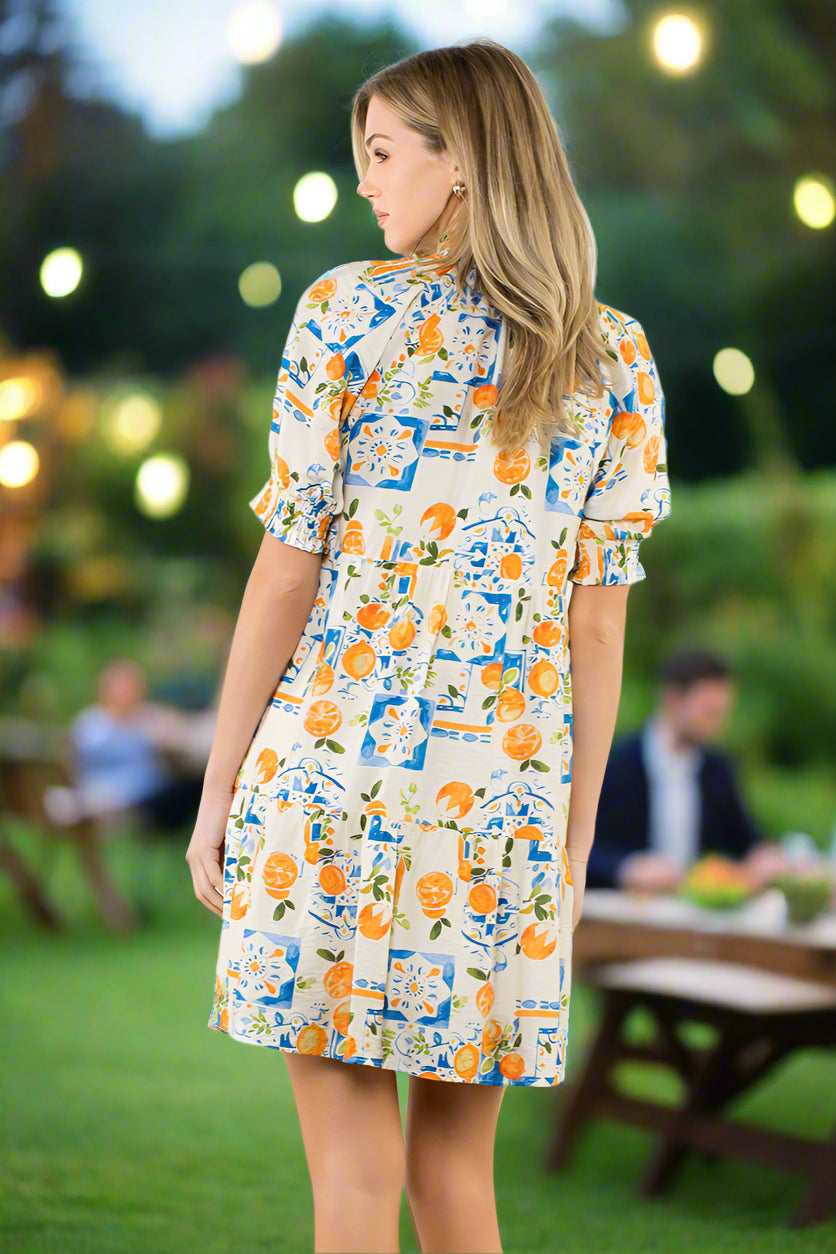 THML Orange Citrus & Tile Print Puff Sleeve Dress-Dresses-THML-Deja Nu Boutique, Women's Fashion Boutique in Lampasas, Texas