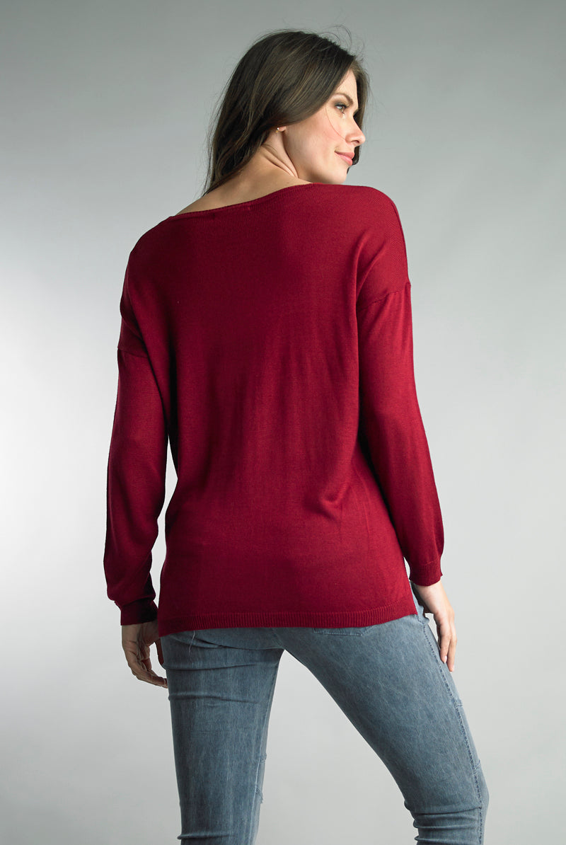 Tempo Paris Bordeaux V Neck Knit Sweater-Sweaters-Tempo Paris-Deja Nu Boutique, Women's Fashion Boutique in Lampasas, Texas