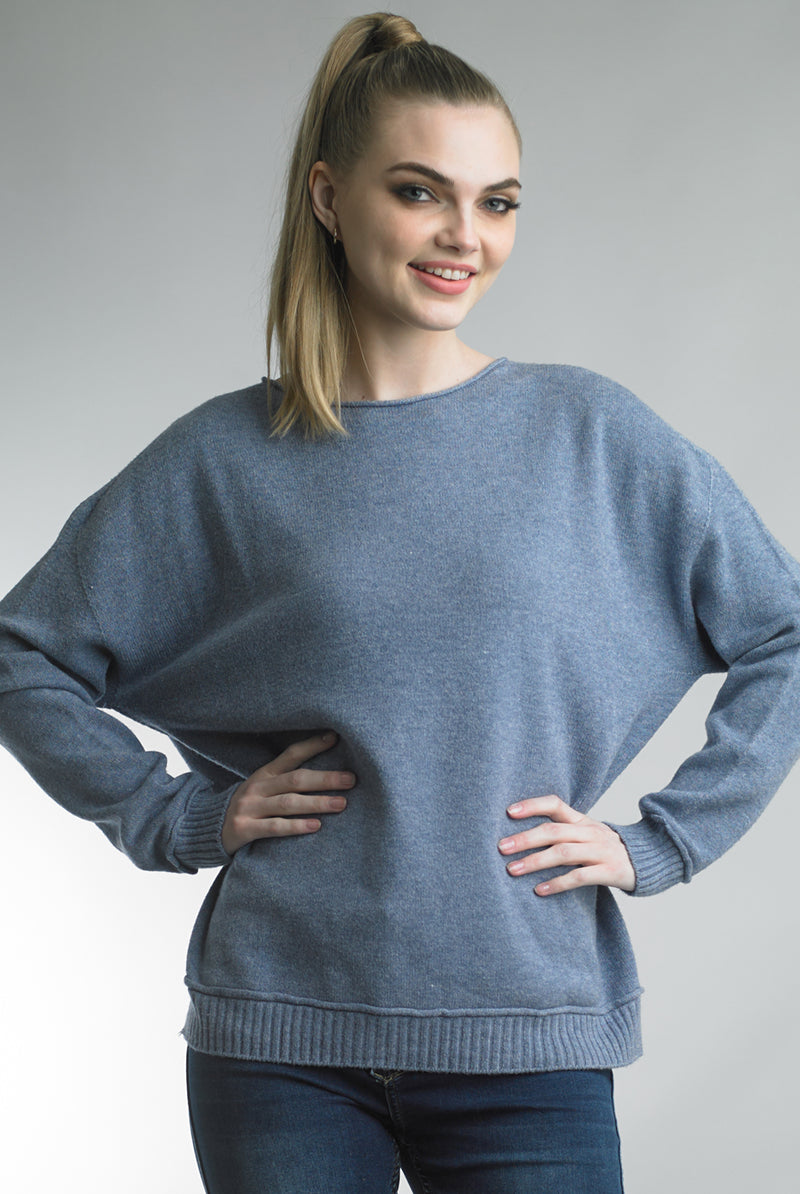 Tempo Paris Crew Neck Knit Sweater With Ribbed Hem And Cuffs In A Denim Blue Color-Sweaters-Tempo Paris-Deja Nu Boutique, Women's Fashion Boutique in Lampasas, Texas