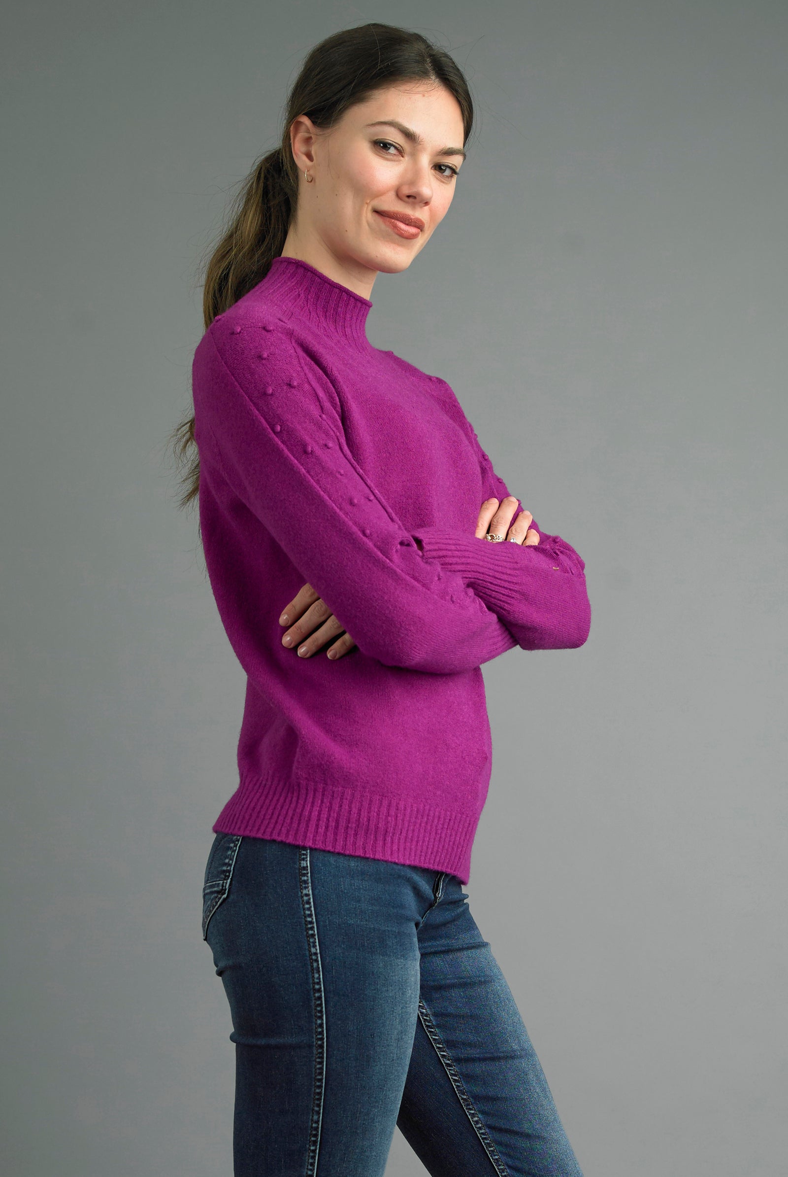 Tempo Paris French Knot Sweater in Fuchsia Made in Italy-Sweaters-Tempo Paris-Deja Nu Boutique, Women's Fashion Boutique in Lampasas, Texas