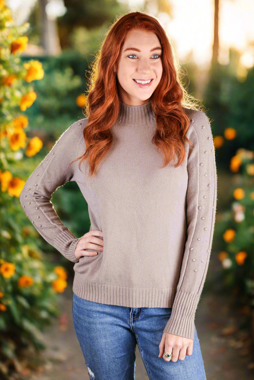 Tempo Paris French Knot Sweater in Taupe Made in Italy-Sweaters-Tempo Paris-Deja Nu Boutique, Women's Fashion Boutique in Lampasas, Texas