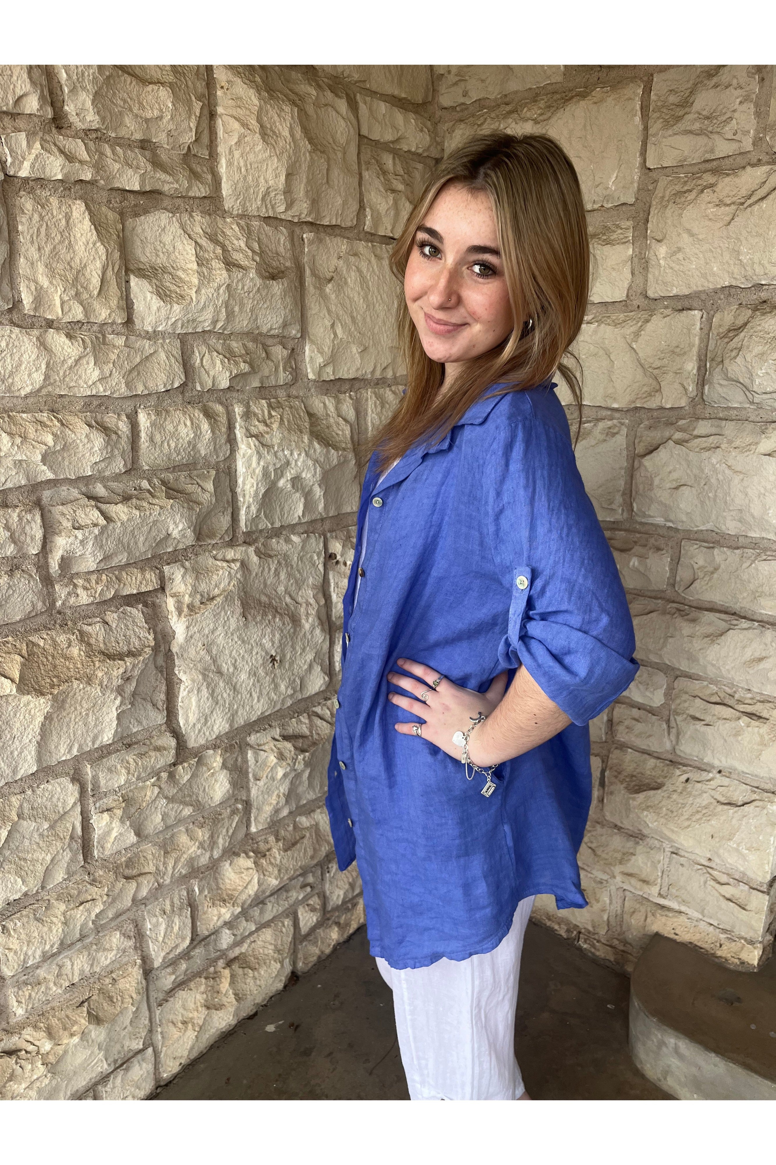 Tempo Paris Ink Oversized Linen Button Front Shirt-Tops-Tempo Paris-Deja Nu Boutique, Women's Fashion Boutique in Lampasas, Texas