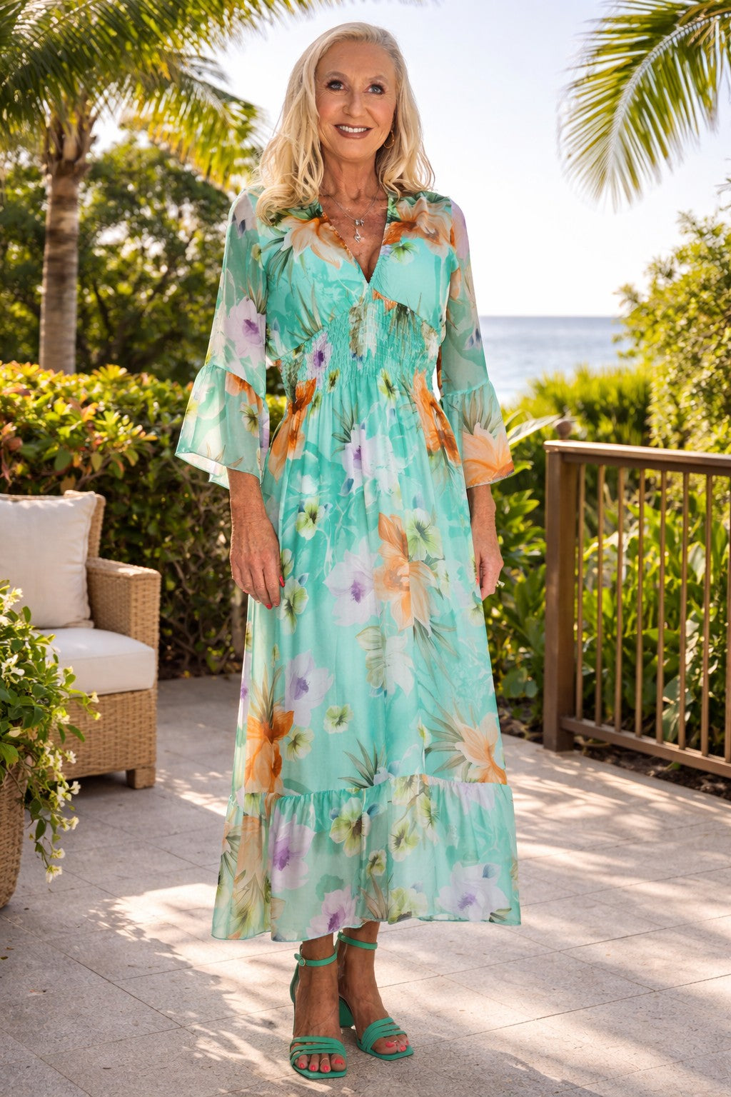 Tempo Paris Light Green Floral Smocked Silk Dress-Midi Dresses-Tempo Paris-Deja Nu Boutique, Women's Fashion Boutique in Lampasas, Texas