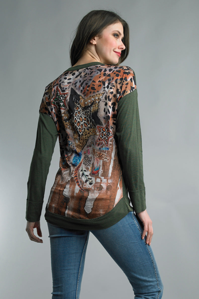 Tempo Paris Olive Sparkly Star Top With Leopard Print Back-Long Sleeves-Tempo Paris-Deja Nu Boutique, Women's Fashion Boutique in Lampasas, Texas