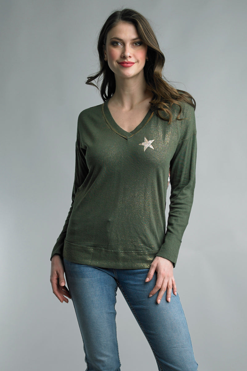 Tempo Paris Olive Sparkly Star Top With Leopard Print Back-Long Sleeves-Tempo Paris-Deja Nu Boutique, Women's Fashion Boutique in Lampasas, Texas