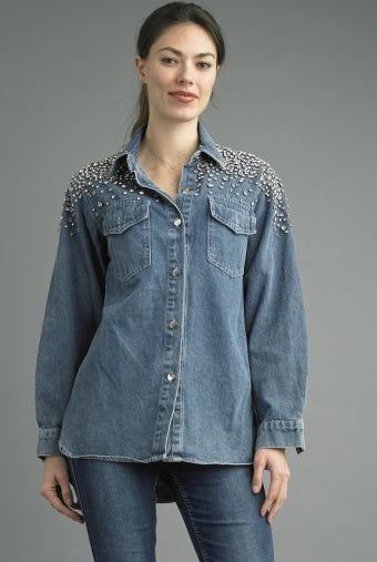 Tempo Paris Rhinestone Denim Jacket-Jackets-Tempo Paris-Deja Nu Boutique, Women's Fashion Boutique in Lampasas, Texas