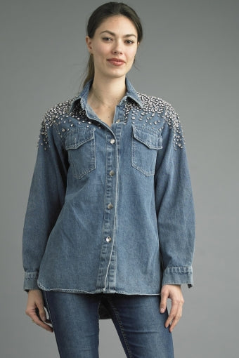 Tempo Paris Rhinestone Denim Jacket-Jackets-Tempo Paris-Deja Nu Boutique, Women's Fashion Boutique in Lampasas, Texas