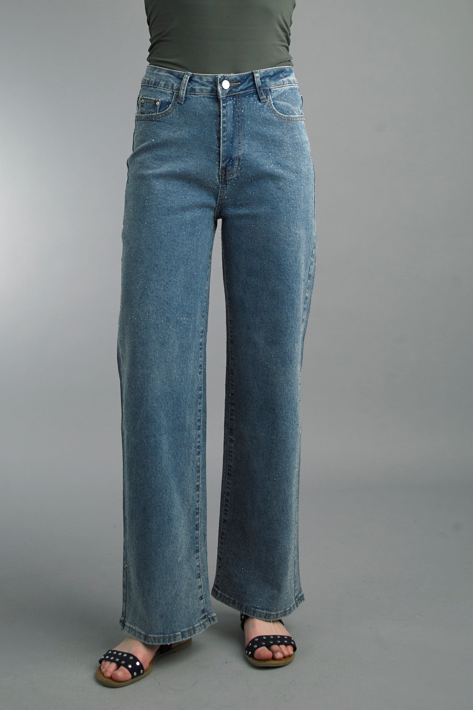 Tempo Paris Rhinestone Wide Leg Denim Jeans Made in Italy-Jeans-Tempo Paris-Deja Nu Boutique, Women's Fashion Boutique in Lampasas, Texas