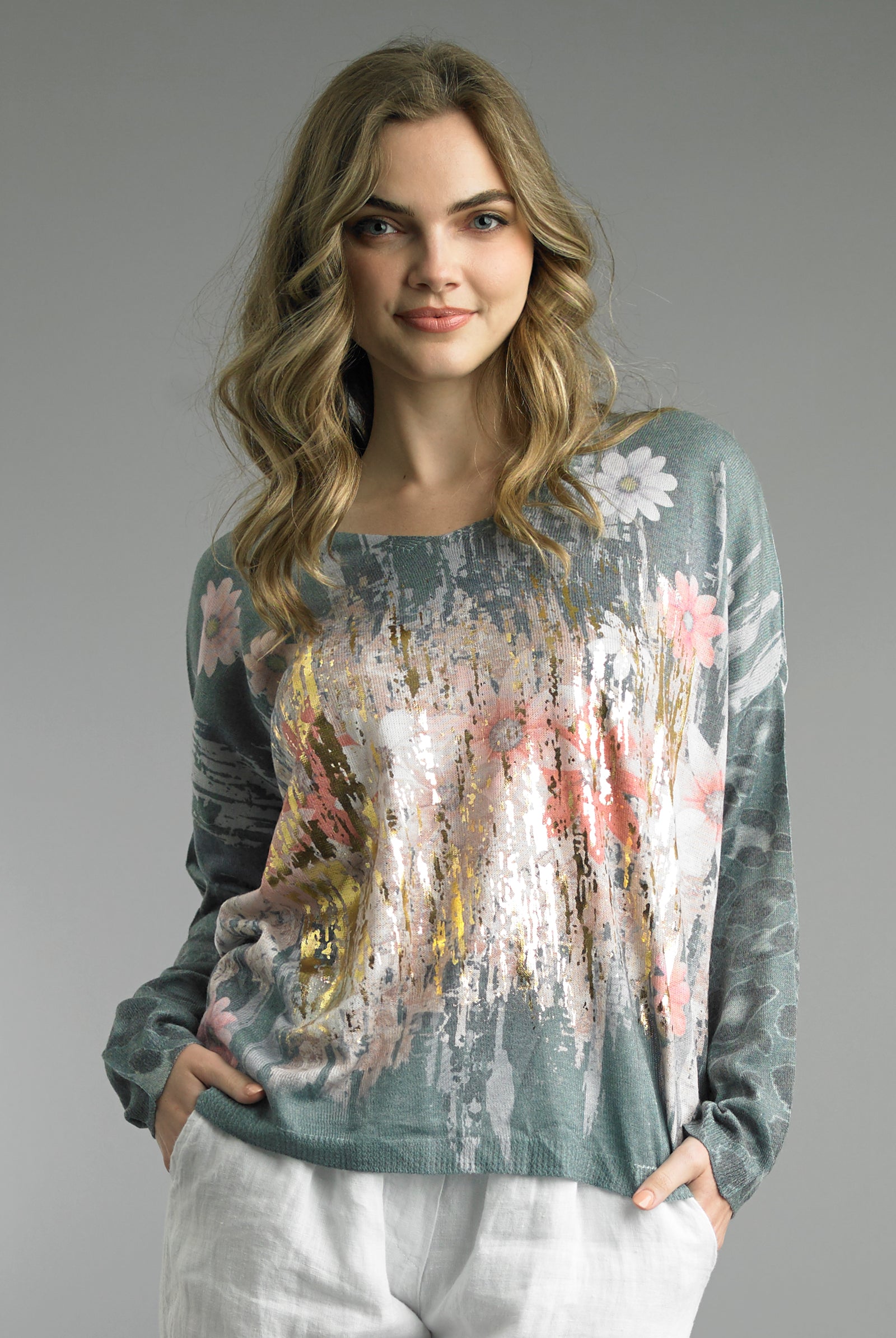 Tempo Paris Seafoam Floral Art Top – Made in Italy-Tops-Tempo Paris-Deja Nu Boutique, Women's Fashion Boutique in Lampasas, Texas