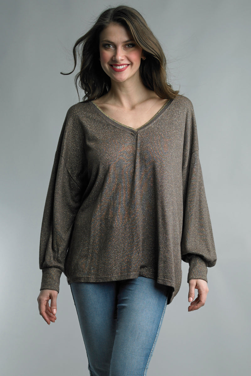 Tempo Paris Taupe Sparkle High Low Sweater-Sweaters-Tempo Paris-Deja Nu Boutique, Women's Fashion Boutique in Lampasas, Texas