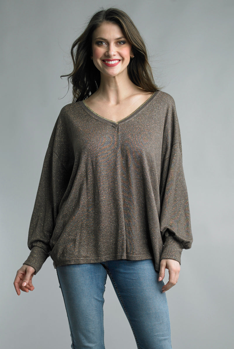 Tempo Paris Taupe Sparkle High Low Sweater-Sweaters-Tempo Paris-Deja Nu Boutique, Women's Fashion Boutique in Lampasas, Texas