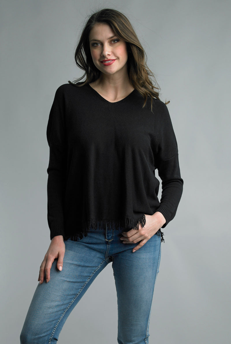 Tempo Paris V Neck Black Fringe Hem Sweater-Sweaters-Tempo Paris-Deja Nu Boutique, Women's Fashion Boutique in Lampasas, Texas
