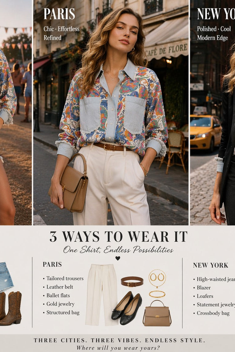 Tempo Paris Denim Trim Paisley Shirt-shirts-Tempo Paris-Deja Nu Boutique, Women's Fashion Boutique in Lampasas, Texas